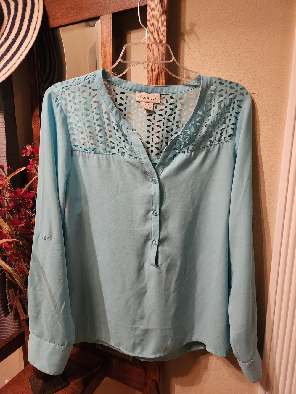 Ariat Women's Sky Blue Laser-Cut Yoke Henley Blouse
